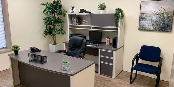 Neat office with modern furniture, plants, and a computer workstation.