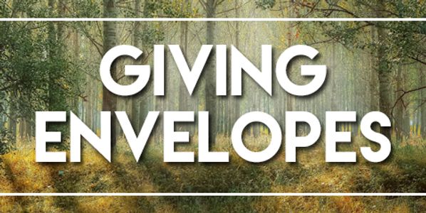 Text 'GIVING ENVELOPES' over a forest background with white border lines.
