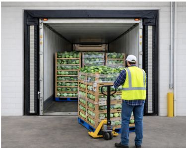Worker loading crates of fresh produce into a refrigerated truck.