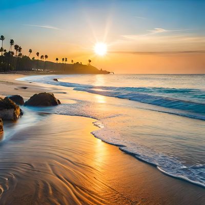 Sunset over a tranquil beach with gentle waves and palm trees.