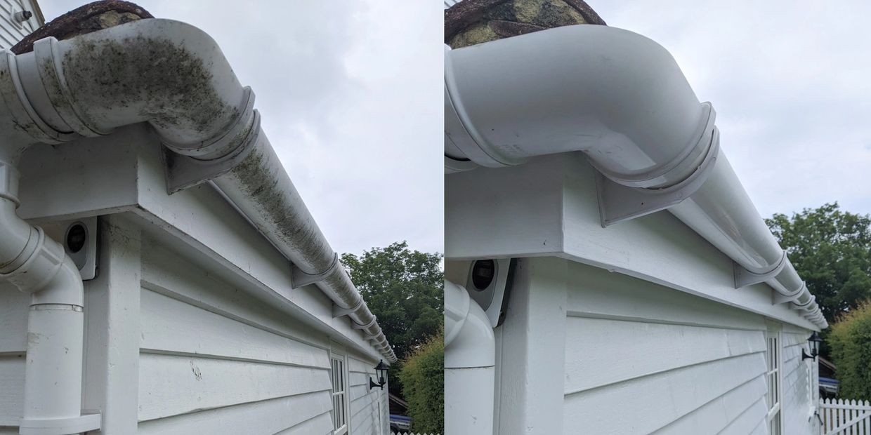 before and after image of soffit and fascia cleaning. 