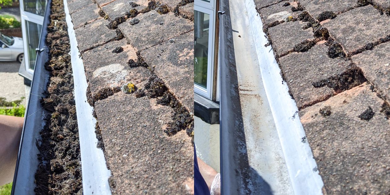 Before and after image of gutter clearance. 