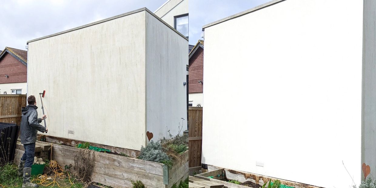 Before and after image of soft cleaning on renders and brickwork. 