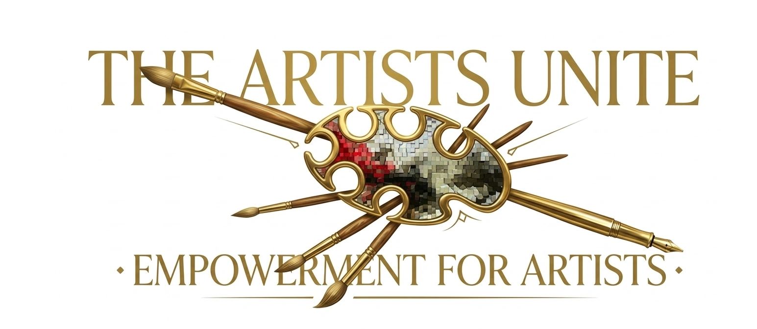 Logo for The Artists Unite with a paint palette and brushes, symbolizing artist empowerment.