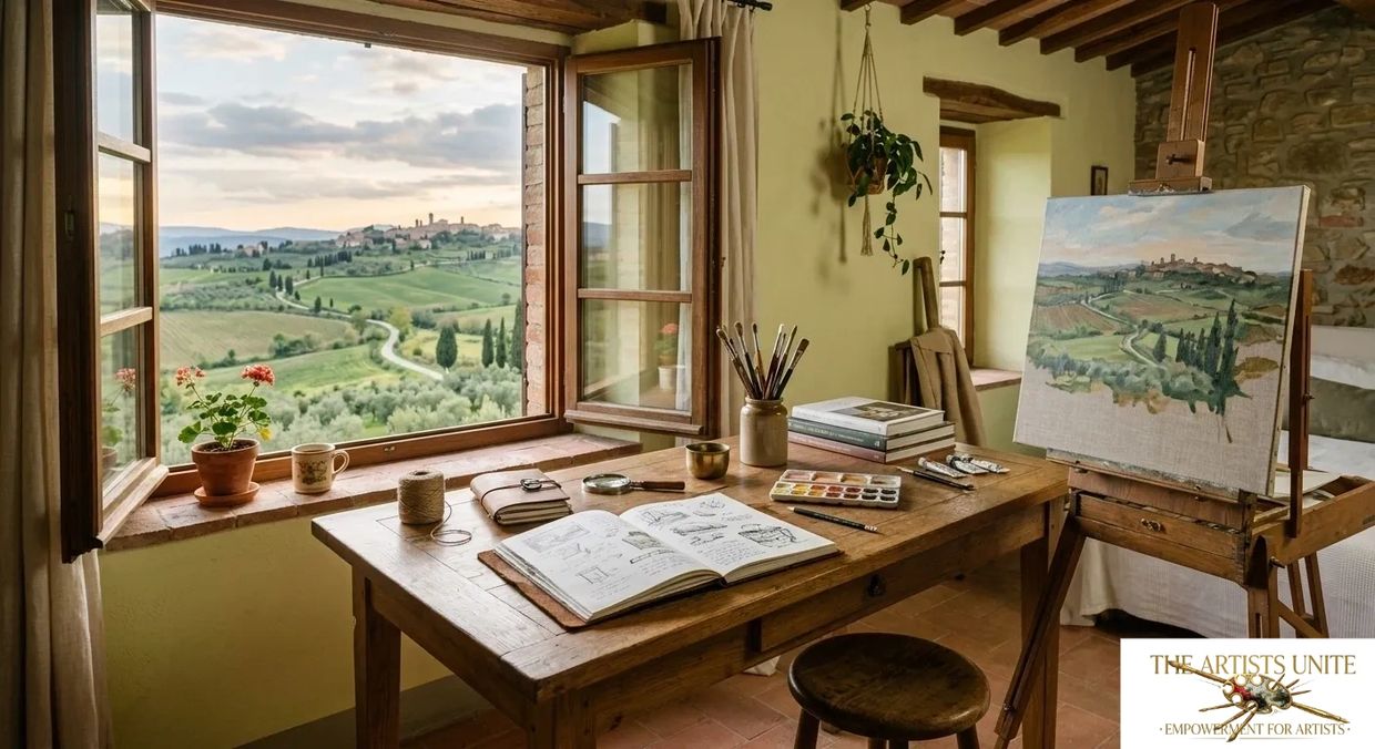 Art studio with a scenic window view and painting in progress.