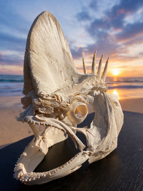Intricately detailed fish skull displayed at sunset on a beach.