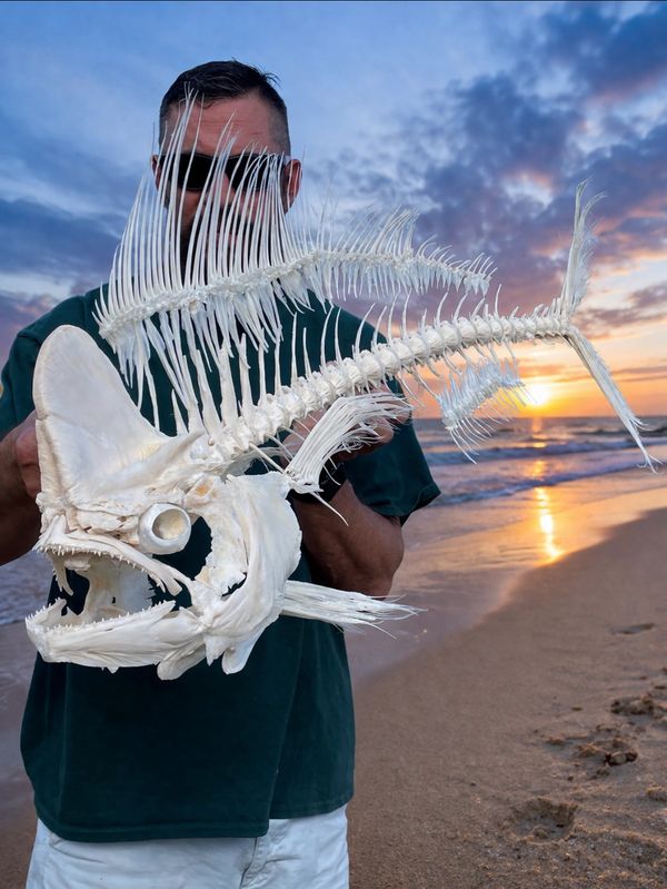 Man holding a large fish skeleton on a beach at sunset.