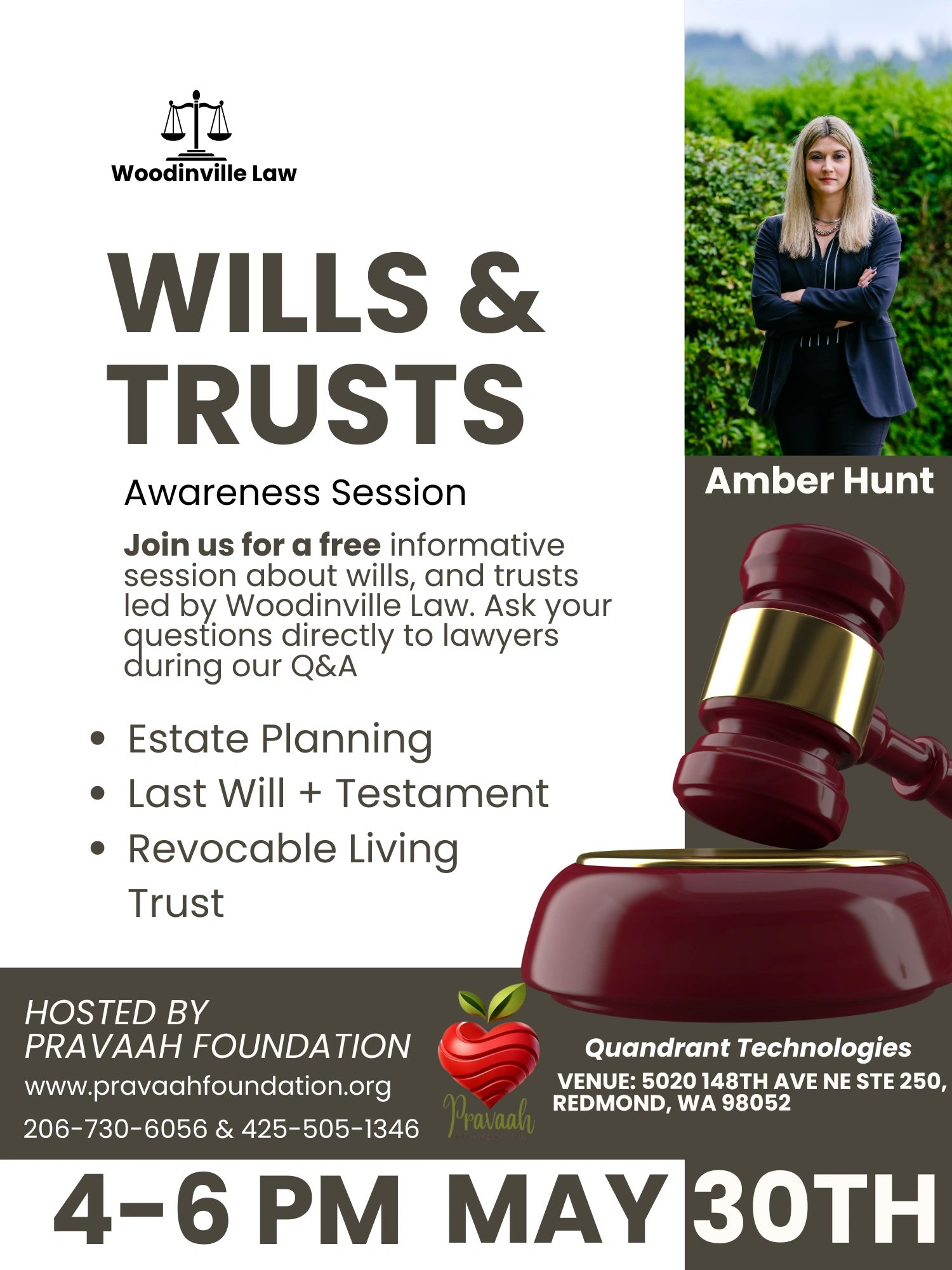 Wills &amp; Trusts awareness session by Woodinville Law with Amber Hunt on May 30th, 4-6 PM.