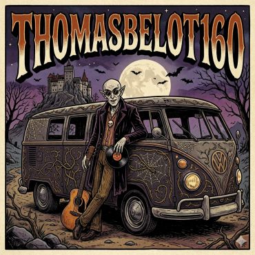 Vampire with guitar by spooky van and castle.