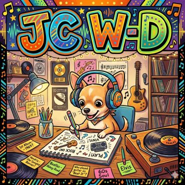 Cartoon dog creating music in a colorful room filled with music elements.