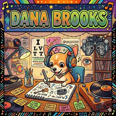 Colorful cartoon dog drawing with music theme and Dana Brooks name.