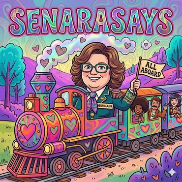 Colorful cartoon train ride with happy passengers and a waving conductor.
