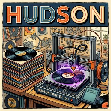A 3D printer creating vinyl records in a retro-style room.