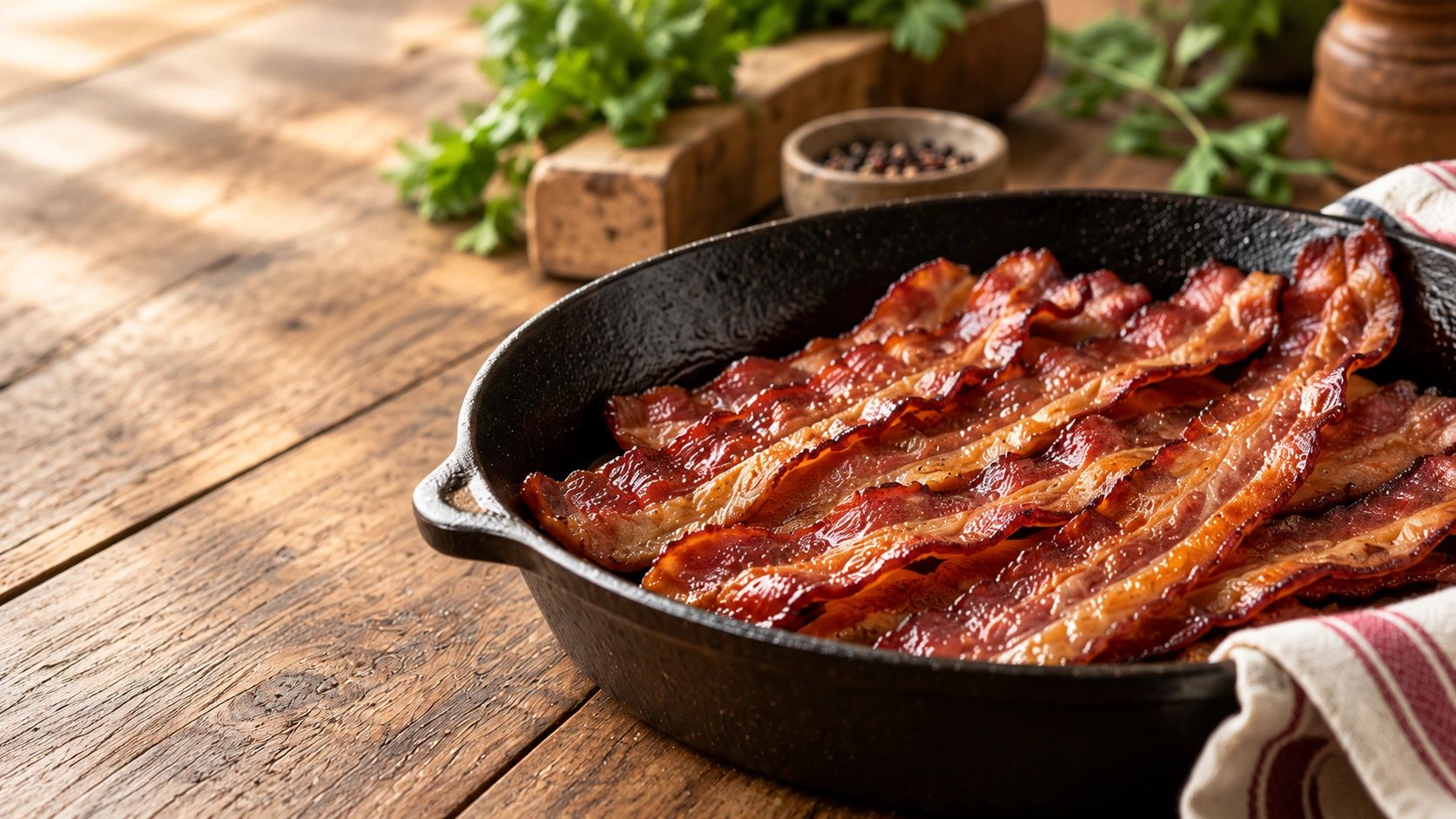Crispy bacon in a cast iron skillet on a wooden block with fresh herbs.