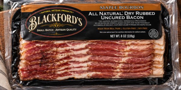 Package of Blackford's maple bourbon dry rubbed uncured bacon.