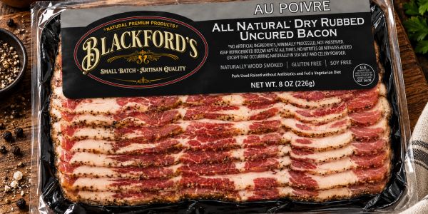 Package of Blackford's all natural dry rubbed uncured bacon.