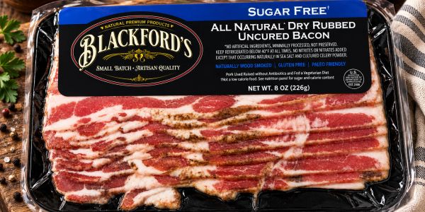 Blackford's sugar-free dry rubbed uncured bacon package.