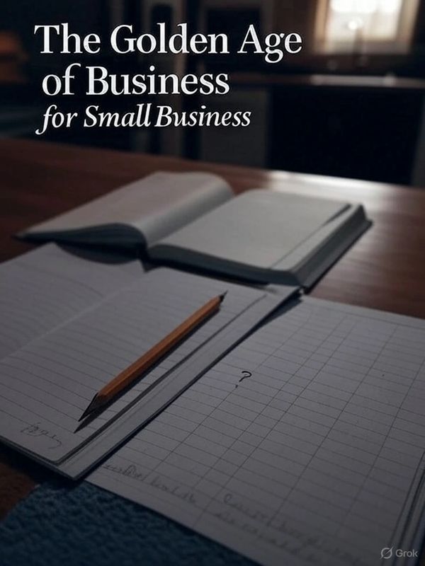 A business ledger on a wooden table facing a window. The ledger expense side has a question mark. 