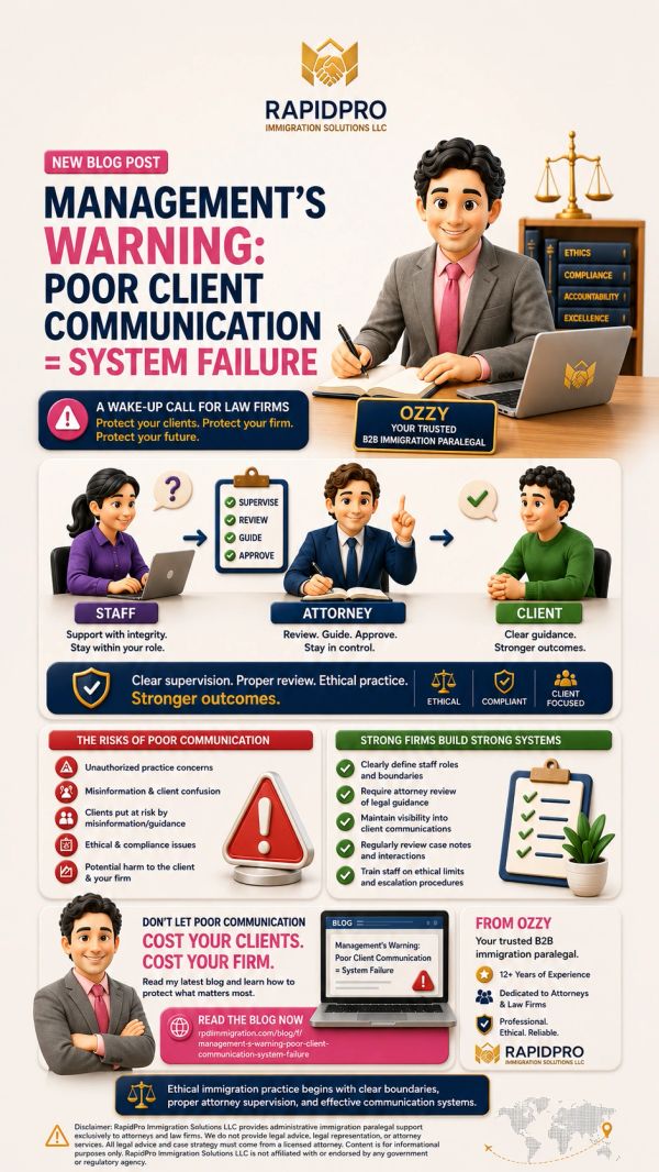 Infographic on poor client communication risks and solutions in law firms by RapidPro Immigration Solutions LLC.
