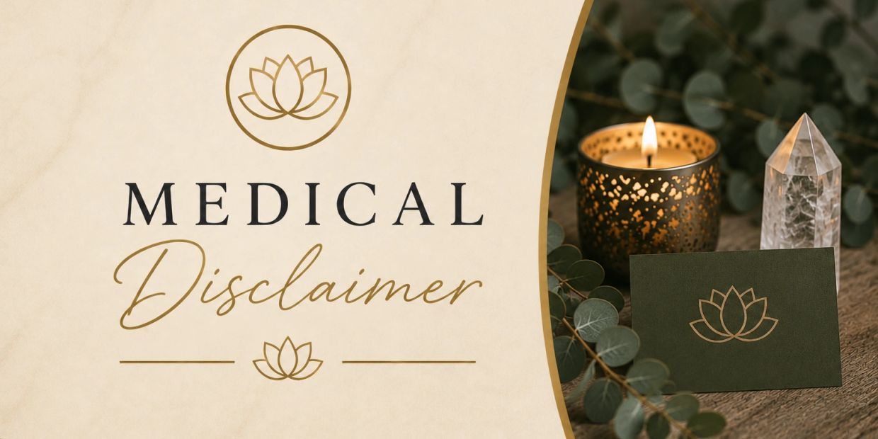 Medical disclaimer text with a calming candle and crystal setup.