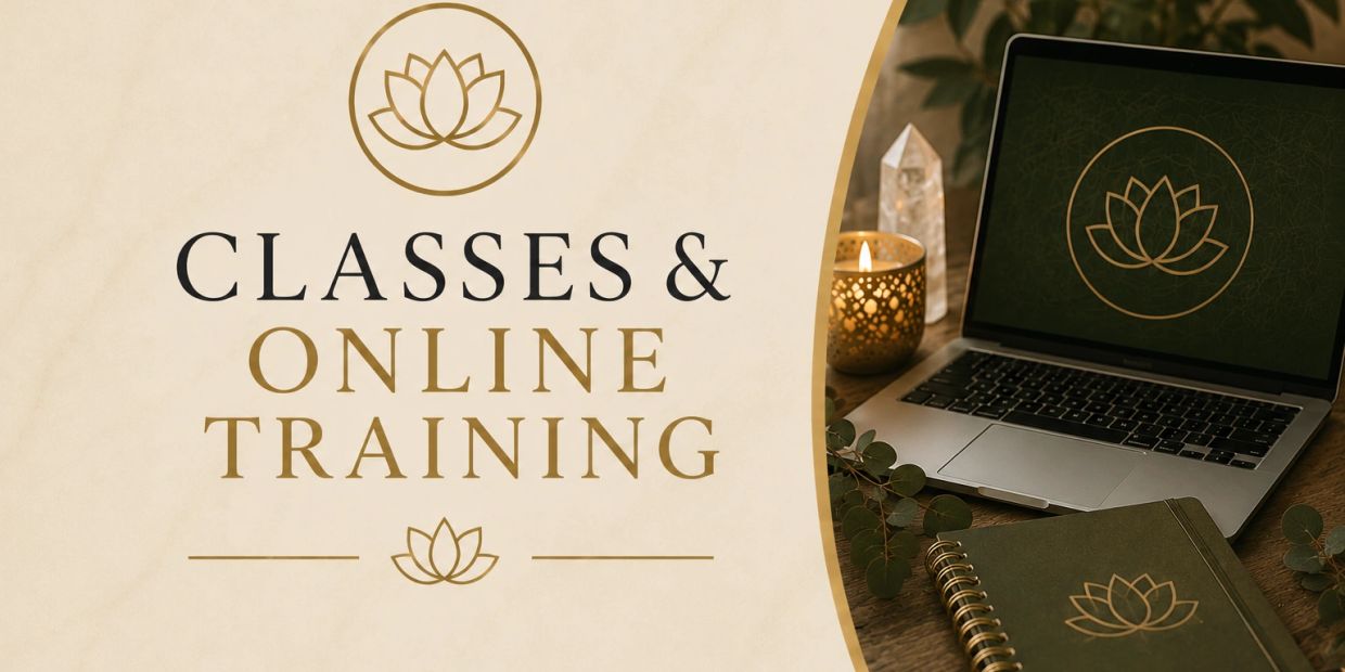 Elegant promotion for online classes and training featuring lotus motifs.