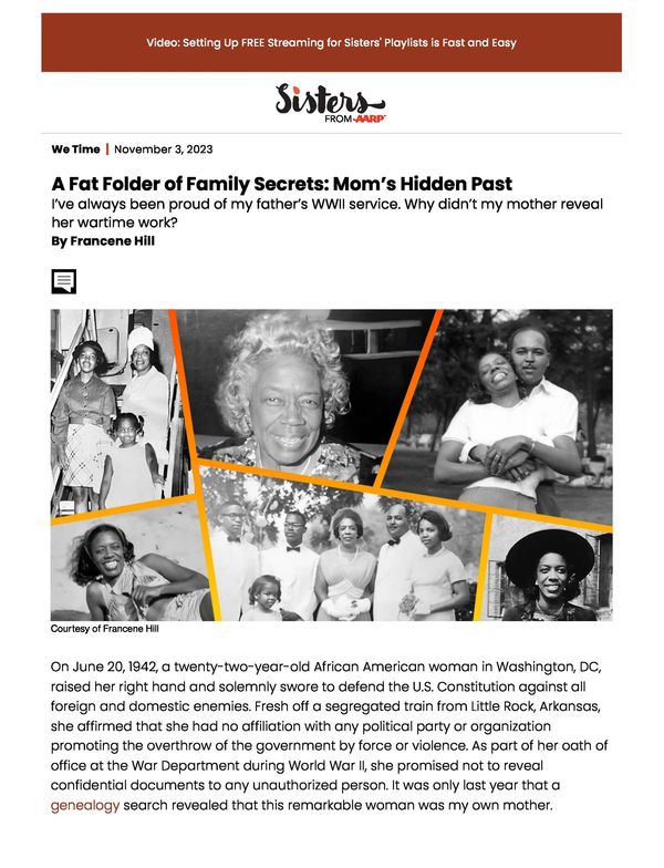 Francene Hill's "A Fat Folder of Family Secrets: Mom's Hidden Past." - Sisters From AARP, 11/3/23.