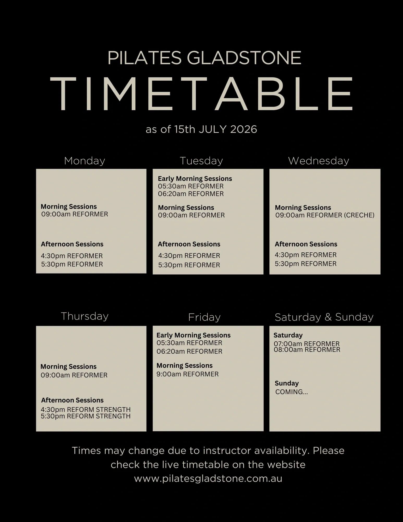 Pilates Gladstone timetable with daily reformer sessions from Monday to Saturday.