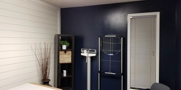 Shiplap walls in a commercial office space. 