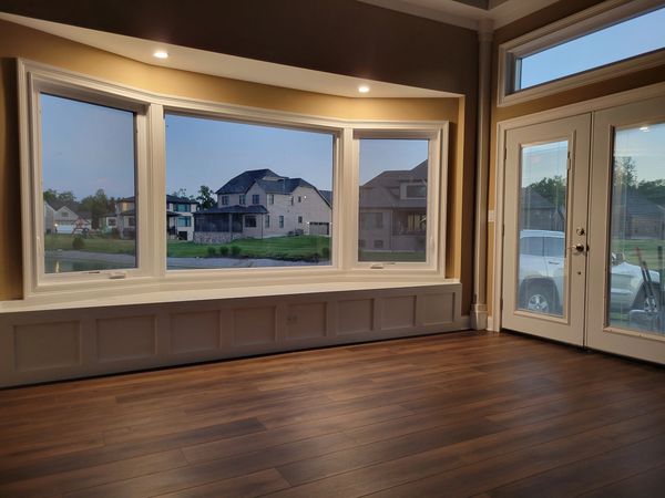 Bay window bench seat in a new sunroom. 