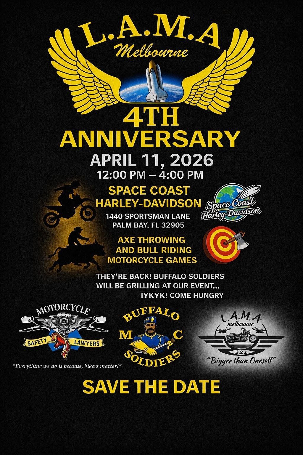 L.A.M.A Melbourne 4th Anniversary celebration with motorcycle games and food on April 11, 2026.