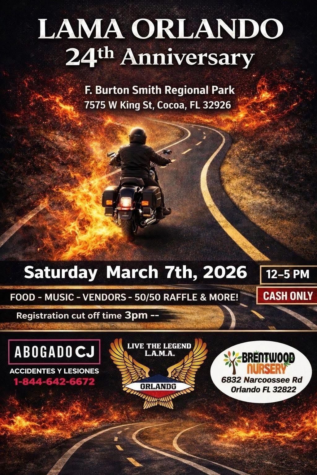 Motorcycle event flyer for LAMA Orlando's 24th anniversary on March 7, 2026.