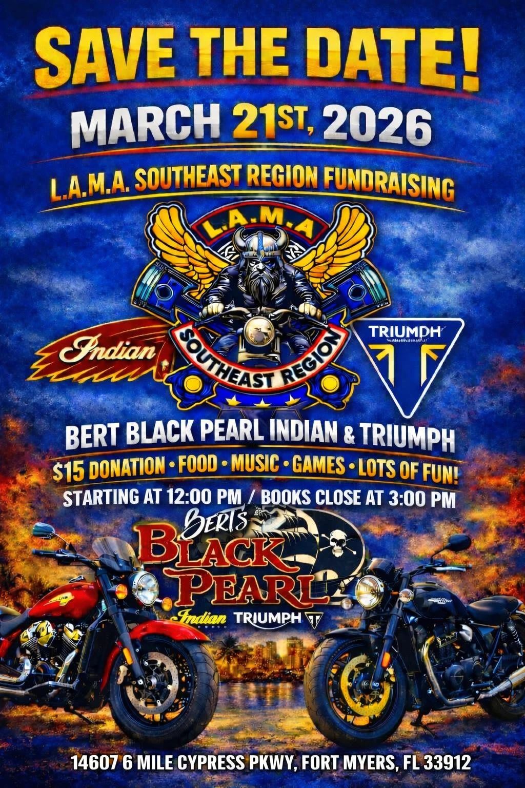 Save the date for L.A.M.A. Southeast Region fundraising on March 21, 2026, at Bert's Black Pearl in Fort Myers, FL.