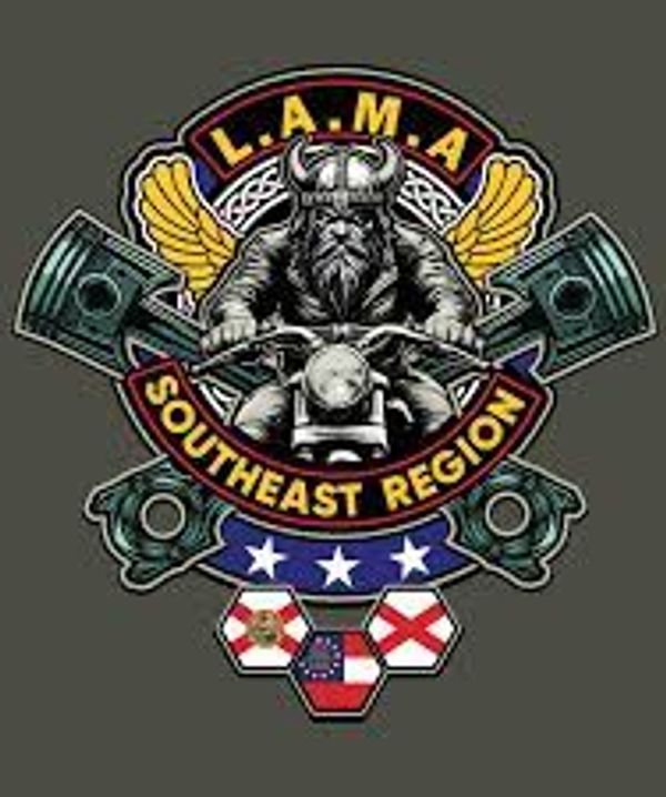 Viking biker emblem with L.A.M.A Southeast Region text and pistons.