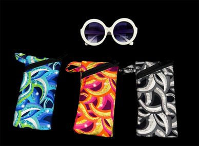 eyeglass holders with a zipper on top angled, with 3 sparkly pouches, blue, orange and black