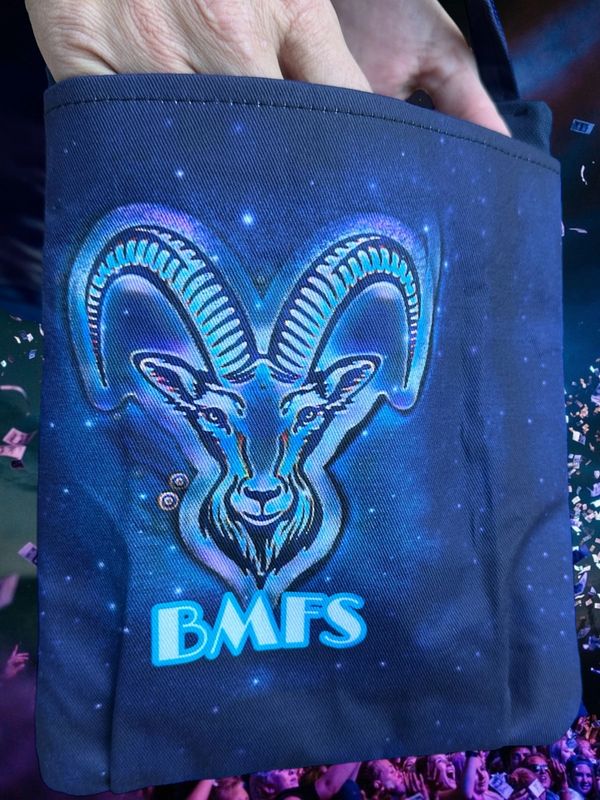blue bag with an image of a horned goat and BMFS underneath the image
