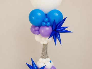 Colorful balloon sculpture with blue and purple accents.