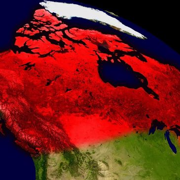 Satellite image showing Canada with a heat map effect highlighting northern areas in red.