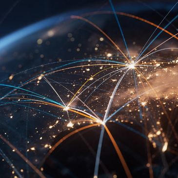 Digital Earth at night showing illuminated global network connections.