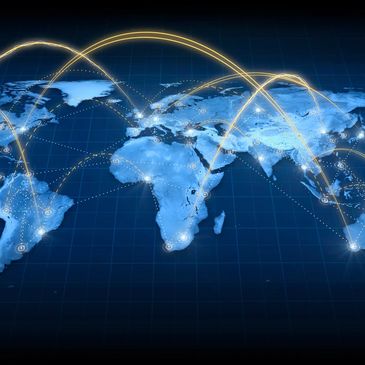 Digital world map with glowing connection lines representing global network.