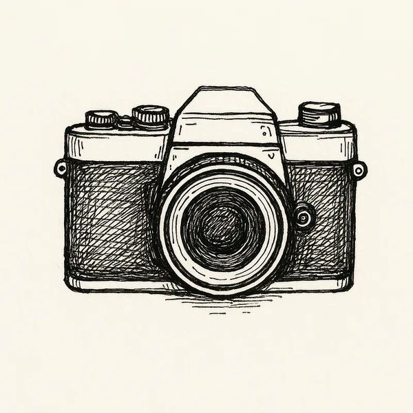 Hand-drawn vintage camera sketch in black ink.