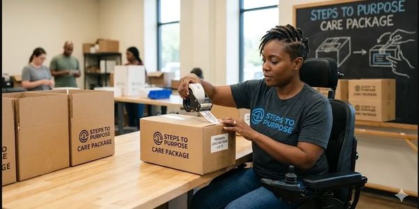 Woman in wheelchair packing care packages in a community center.