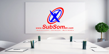 Modern conference room with SubSom audiovisual branding on the wall.