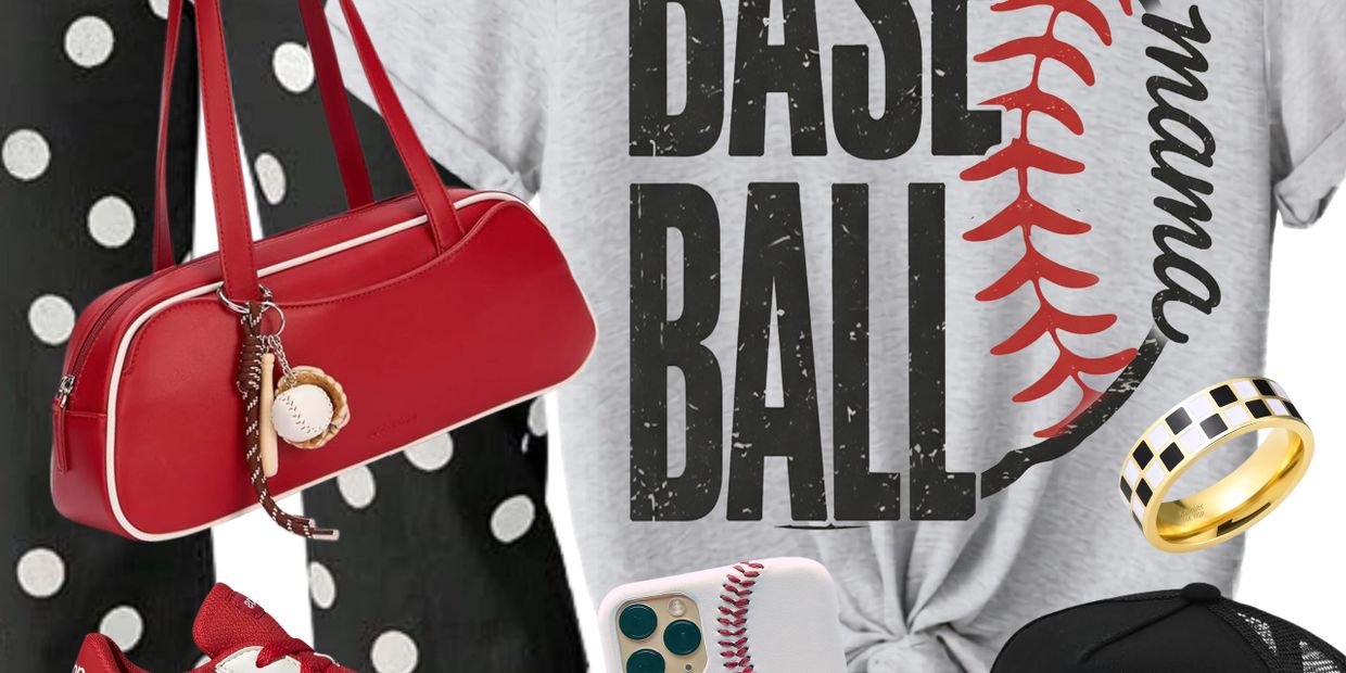 Baseball-themed fashion items including a red bag, shoes, and a gray tee.