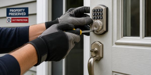 Persona con guantes instalando una cerradura electrónica.