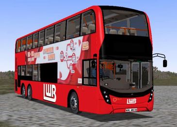 Red double-decker bus with LWB branding parked on a gravel surface.