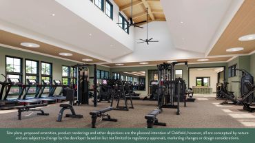 Modern gym interior with workout equipment and large windows.