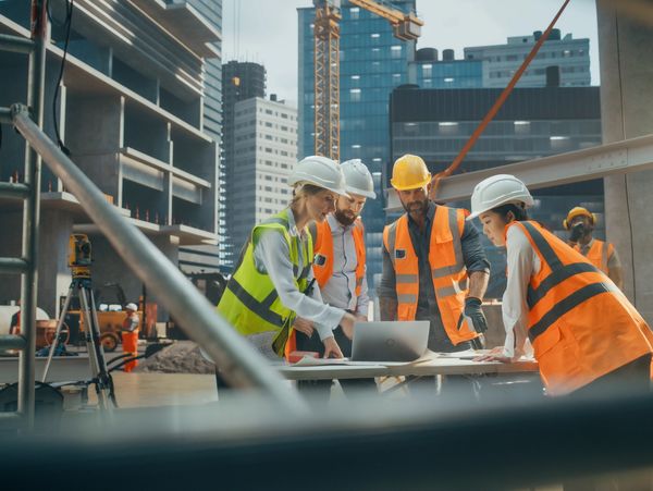 Female Civil Engineer Using a Laptop Computer and Talking with General Workers at a Residential.