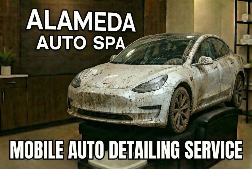 Dirty car on a lift at Alameda Auto Spa for mobile detailing.