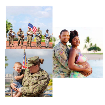 U.S. military members with families in heartwarming scenes.