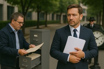 Process servers working outdoors with legal documents, filing cabinet, and clock in background.